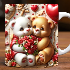 3D Glossy Bear Couple Mug Wrap, 11oz and 15oz Mug Design Digital Download PNG, Mug Sublimation Design Digital Only, Valentine&#39;s Day Mug Wrap