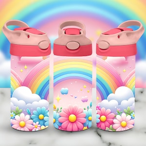 Rainbow Flowers 12oz Kids Flip Top Sippy Cup Tumbler Wrap, 12oz Straight Tumbler Sublimation PNG, Children&#39;s Pink Floral Tumbler Wrap Design