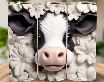 3D Cute Baby Cow 20 oz Skinny Tumbler Sublimation Design, Instant Digital Download PNG, Straight Tumbler Wrap, 3D Cow Tumbler Wrap