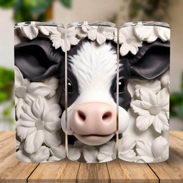 3D Cute Baby Cow 20 oz Skinny Tumbler Sublimation Design, Instant Digital Download PNG, Straight Tumbler Wrap, 3D Cow Tumbler Wrap