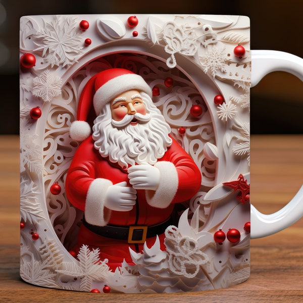 3D Santa Claus White Mug Wrap, 11oz et 15oz Mug Design Digital Download PNG, Mug Sublimation Design Digital Only, Christmas Mug Design