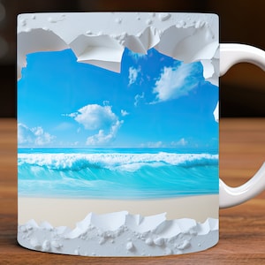 3D Broken Wall Beach Mug Wrap, 11oz and 15oz Mug Design Digital Download PNG, Mug Sublimation Design Digital Only, Beach Mug Design