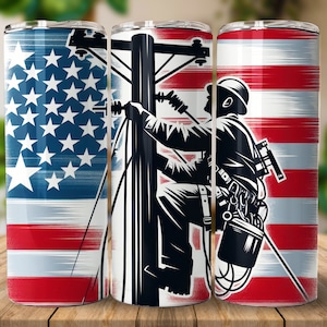 American Lineman 20oz Straight Tumbler Sublimation Design Digital Download PNG, Skinny Tumbler Design Digital, Lineman Tumbler Wrap