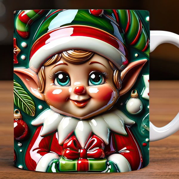 Weihnachtself Glossy Mug Wrap, 11 Unze und 15 Unze Mug Design Digital Download PNG, Mug Sublimation Design Nur digital, 3D-Weihnachtsbecher-Design