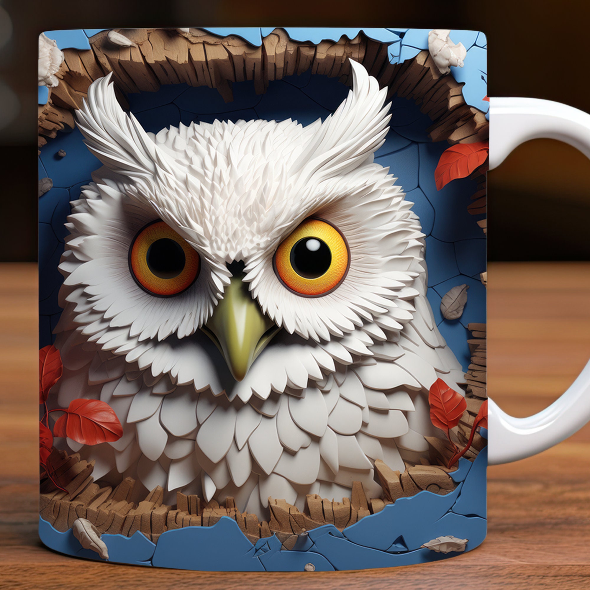 3D Broken Wall Owl Mug Wrap, 11oz and 15oz Mug Design Digital Download PNG, Mug Sublimation Design D