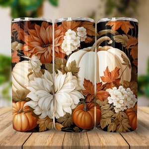 Autumn Fall Floral Pumpkins 20 oz Straight Tumbler Sublimation Design Digital Download PNG, Skinny Tumbler Design, Thanksgiving Tumbler Wrap