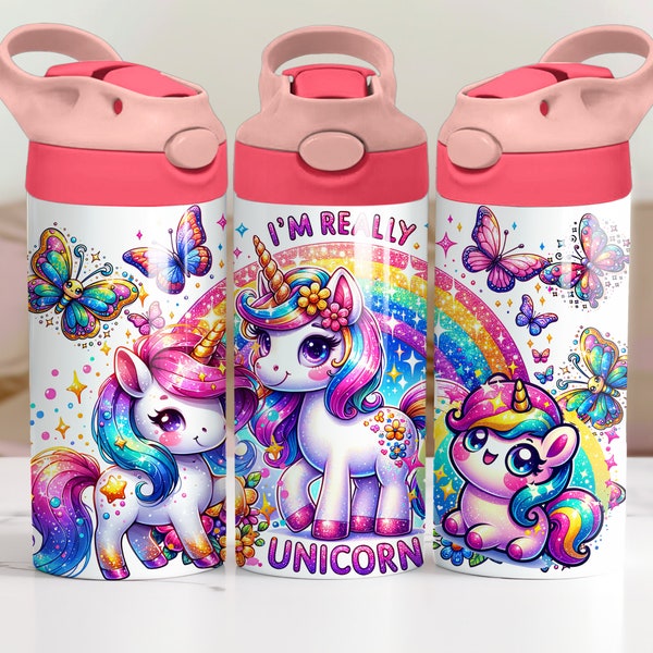 I'm Really Unicorn 12oz Kids Flip Top Sippy Cup Tumbler Wrap, 12oz Straight Tumbler Sublimation PNG, Girl Unicorn Tumbler Wrap Design PNG