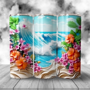 3D Summer Beach 20 oz Skinny Tumbler Sublimation Design, Instant Digital Download PNG, Straight Tumbler Wrap, Beach Tumbler Wrap