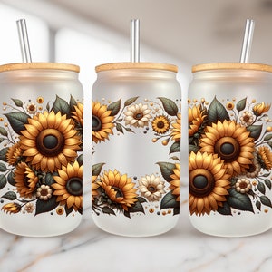 Sunflowers 16oz glass can sublimation design, Glass can wrap Digital Download PNG, 16oz Design Instant PNG File, Woman Floral Glass can wrap