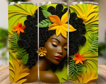 3D Tropical Black Woman 20 oz Skinny Tumbler Sublimation Design, Instant Digital Download PNG, Straight Tumbler Wrap, 3D Tumbler Design