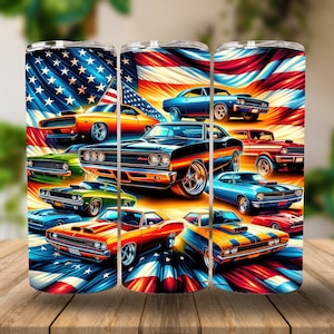 Muscle Cars Patriotic 20 oz Straight Tumbler Sublimation Design Digital Download PNG, Skinny Tumbler Design Digital, Cars Tumbler Wrap