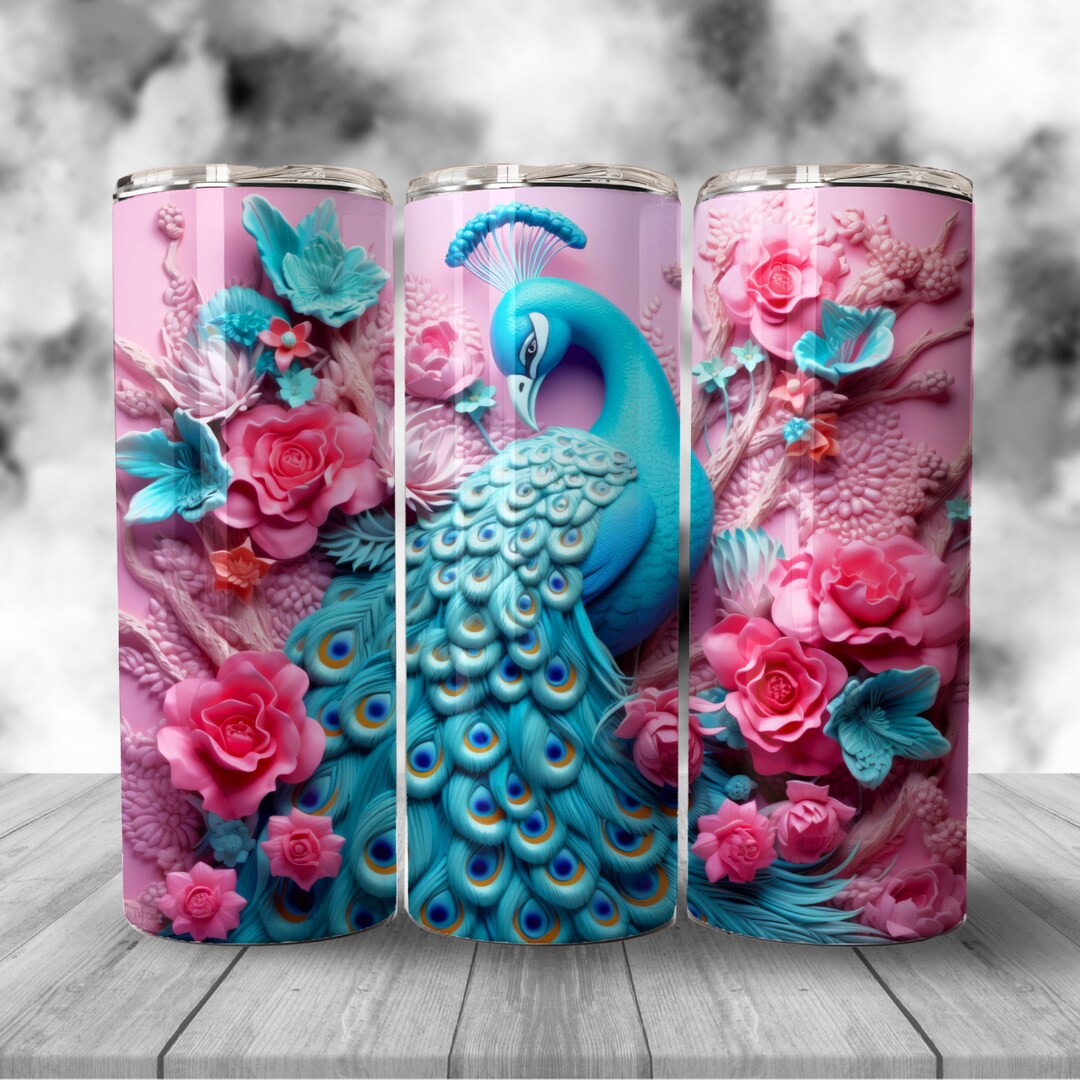 3D Floral Peacock 20 Oz Skinny Tumbler Sublimation Design, Instant