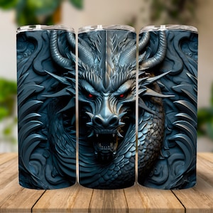 3D Black Dragon 20 oz Skinny Tumbler Sublimation Design, Instant Digital Download PNG, Straight Tumbler Wrap, 3D Tumbler Design