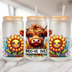 Funny Highland Cow 16oz glass can sublimation design, Glass can wrap Digital Download PNG, 16 oz Design Instant File, Cow Glass can wrap