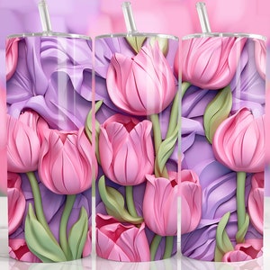 3D Pink and Purple Tulips Flower 20 oz Skinny Tumbler Sublimation Design, Instant Digital Download, Straight Seamless Floral Tumbler Wrap