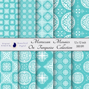 Papier numérique de mosaïques marocaines, Turquoise, Papier de scrapbooking numérique, Papier de journal indésirable, Découpage, Papier numérique sans couture, Modèle sans couture