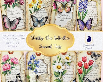 Etiquetas para diário de recortes com borboletas vintage, estilo shabby chic (download digital)
