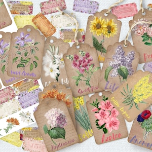 Tag botanici, Tag digitali, Digitali Junk Journaling, PNG trasparenti, Tag Junk Journaling, Tag fiori selvatici, Ephemera, Scrapbook, Vintage