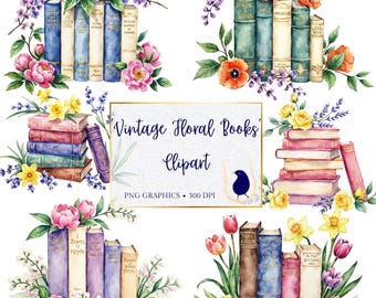 Aquarel vintage bloemenboeken clipart, Cottagecore, png (digitale download)
