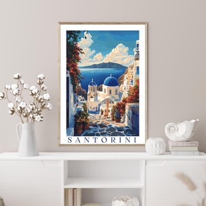 Impresión de Santorini, arte costero vintage, arte mural de islas griegas, arte mural, póster de viaje, descarga digital, impresión de alta resolución, decoración mediterránea