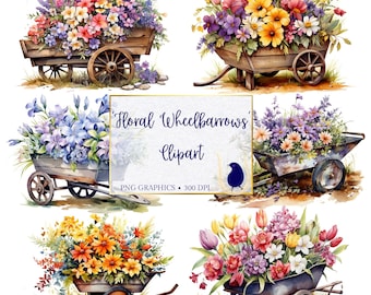 Watercolor Rustic Wheelbarrow Floral Clipart, Cottagecore PNG (Digital Download)