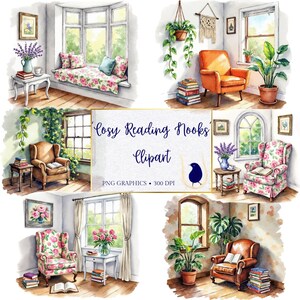 Reading Nook Clipart, Cozy Corner PNG, Watercolor Books, Cottage-core, High Res, Transparent Background, Digital Download, Book Club Clipart