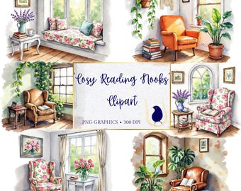 May include: Watercolor clipart featuring cozy reading nooks. The image showcases various interior scenes with armchairs, window seats, books, and plants. The text "Cosy Reading Nooks Clipart" is visible. PNG graphics at 300 DPI.