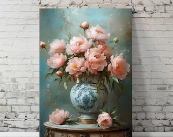 Digital Wall Art, Pink Peonies Print, Victorian Art Print, Digital Download, High Resolution Floral Art, Vintage Oil Painting, Home Decor