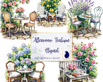 Watercolor Tea Party Clipart, Vintage Floral Garden (PNG)