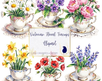 Watercolor Victorian Teacup Clipart, Floral Tea Party PNG, Digital Download, Vintage Teacup PNG, Scrapbooking, Journalling, Sticker Graphics