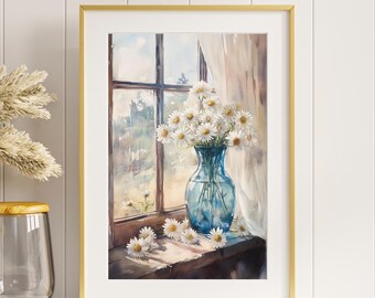 Watercolor Daisy Bouquet Print, Cottagecore Floral Wall Art (Digital Download)