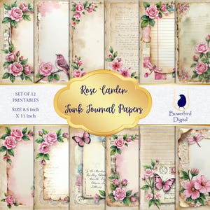 Páginas de diario basura de jardín de rosas, estilo papel rasgado, rosas de acuarela, diario vintage, descarga digital, tamaño carta, archivos JPG, álbum de recortes