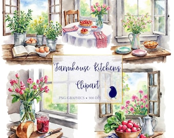 Watercolor Farmhouse Kitchen Clipart, Cottagecore PNG Graphics (Digital Download)
