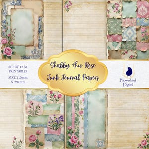 Pagine di diario Shabby Chic Junk, stile carta strappata, rose acquerellate, diario vintage, download digitale, formato A4, set JPG, scrapbooking