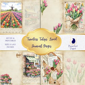 Tulip Journal Pages, Digital Junk Journal, Watercolor Tulips, Printable Lined Paper, Tulip Ephemera, Floral Tags, Cottage-core Stationery