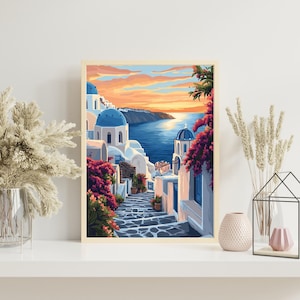Impresión de Santorini, arte costero vintage, arte mural de islas griegas, arte mural, póster de viaje, descarga digital, impresión de alta resolución, decoración mediterránea