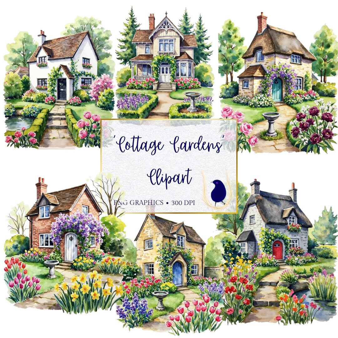 Watercolor Cottage Garden Clipart, Floral PNG Graphics (digital ...
