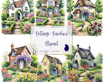Watercolor Cottage Garden Clipart, Floral PNG Graphics (Digital Download)