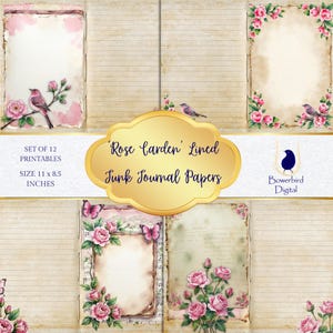 Pagine di diario "Rose Garden Junk", stile carta strappata, acquerello, diario vintage a righe, download digitale, formato lettera USA, set JPG, album
