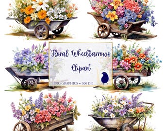 Watercolor Rustic Wheelbarrow Floral Clipart, Transparent PNG, Cottagecore Art
