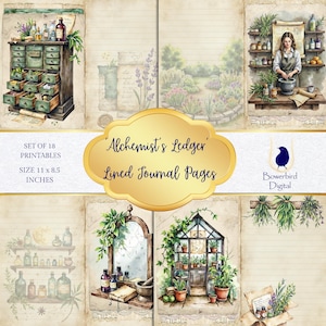 Páginas de diário de boticário alquímico, papel pautado de ervas, download digital, estilo cottage, álbum de recortes, ervas vintage, kit de diário de lixo para impressão