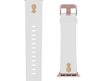 May include: White Apple Watch band with a gold pineapple design. The band is made of leather and has a rose gold buckle.