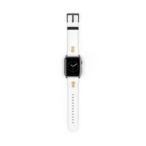 Peut inclure: Bracelet de montre Apple blanc avec un motif ananas. Le bracelet est en silicone et possède une boucle noire.