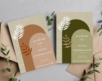 Puede incluir: Dos tarjetas de guardar la fecha con un diseño moderno y minimalista. Las tarjetas presentan un fondo marrón y verde con ilustraciones de follaje blanco y marrón. El texto en las tarjetas dice "Save the Date, Eve + Rosina, are getting married, 05.04.2024, Melbourne, Victoria, formal invitation to follow."