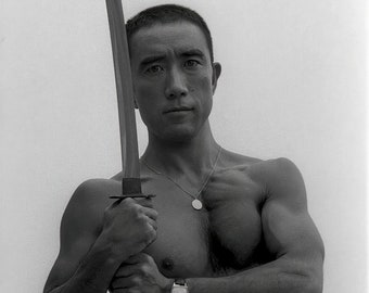 Tamotsu Yato - Vintage Japanese Yukio Mishima Shirtless Holding Samurai Katana Sword 1960s - 17" x 22" Fine Art Print