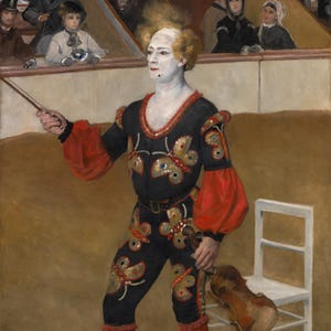 May include: A painting of a circus performer in a black and red costume with butterfly designs. The performer holds a bow and a violin. A white chair is to the right, and spectators are in the background.