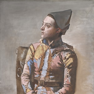 May include: A painting of a person wearing a colorful, patterned costume and a gray hat. The person is sitting in a chair with their hands clasped in their lap. The background is a light gray.