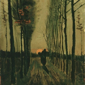 May include: A painting depicting a dark, wooded path with tall trees lining either side. The sun is setting in the distance, casting a warm orange glow on the path. A solitary figure walks towards the sunset.