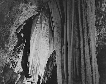 May include: A black and white photograph of a cave with large, hanging stalactites. The stalactites are long and thin, and they appear to be made of a smooth, white material.