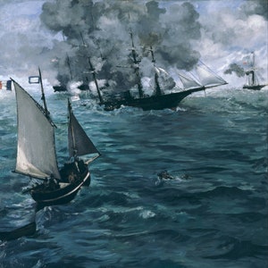 Könnte beinhalten: Ein Gemälde, das eine stürmische Meereslandschaft mit einem großen Schiff in der Ferne und einem kleineren Segelboot im Vordergrund zeigt. Der Himmel ist dunkel und bewölkt, und das Wasser ist unruhig. Das Schiff stößt Rauch aus seinen Schornsteinen aus, und das Segelboot segelt auf den Betrachter zu.